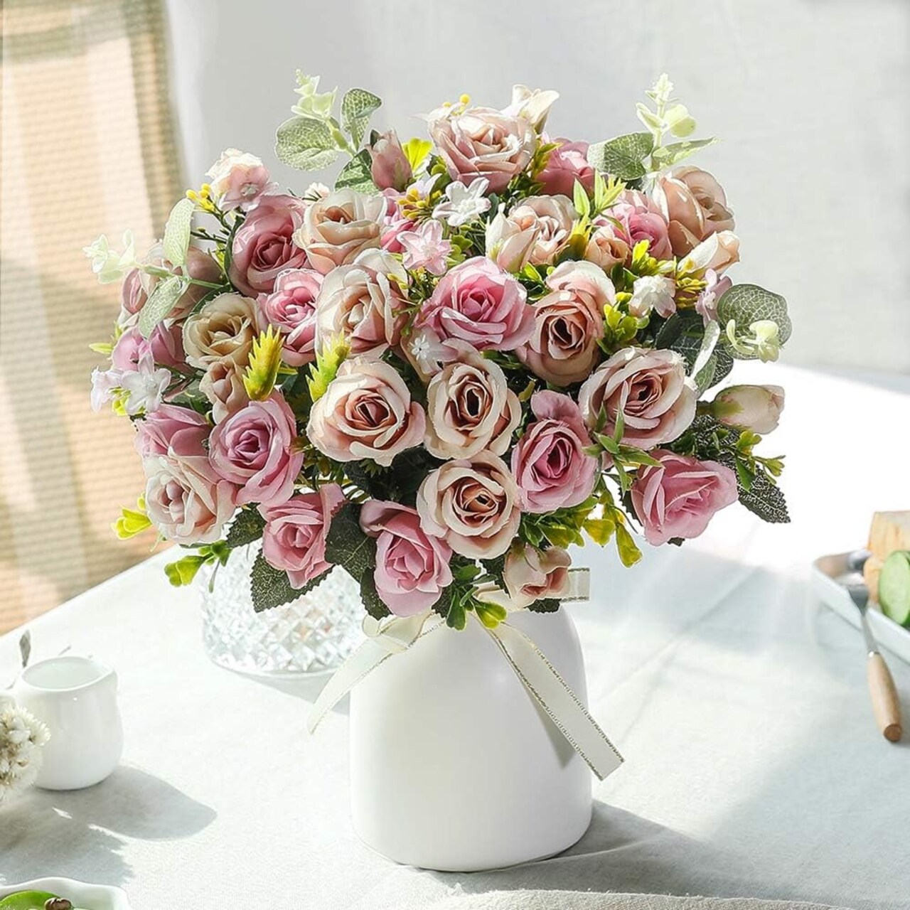 Elegant Artificial Silk Rose Bouquet with Vase – Perfect for Home, Office & Event Décor